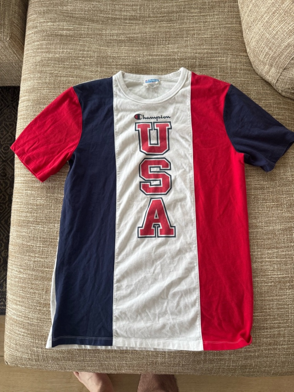 Champion White Crewneck Tee with Blue & Red Logo Tag